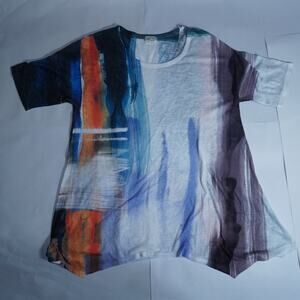 Et' Lois Brushstrokes Soft Knit Top Orange Blue White Womens S flared waist USA